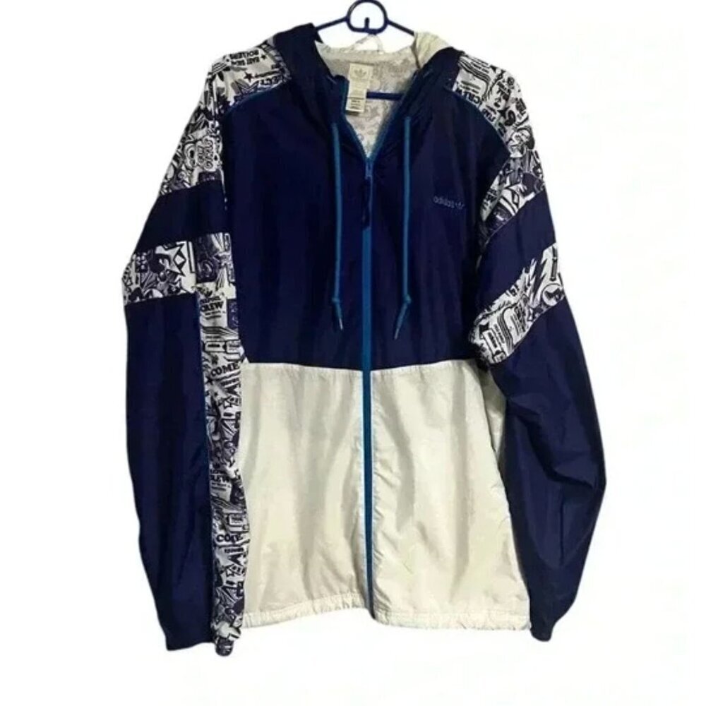 RARE Adidas XL Mens Graphic Hoodie Jacket In Purple & White Polyester With Draws